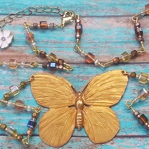 Bright Gold Butterfly Handbeaded Chain Necklace